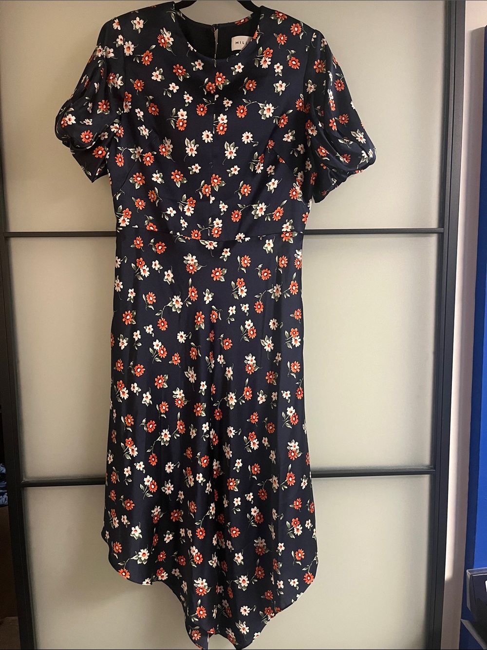 Milly Navy Asymmetrical Floral Dress with Red & White Blooms